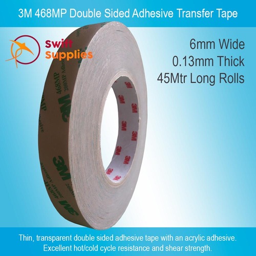 3M 468MP Double Sided Adhesive Transfer Tape - 6mm Wide x 45 Metres