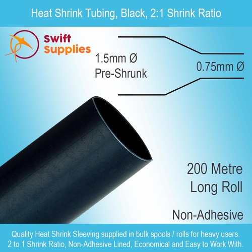 Heat Shrink Roll, Black 1.5mm Dia x 200 Metres (Single Wall, 2:1 Shrink)