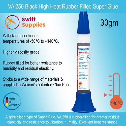VA 250 Black High Viscosity, High Heat Rubber Filled Super Glue 30gm Pen