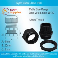 Nylon Cable Gland - 12mm Thread - Suits 3mm to 6.5mm OD Cable