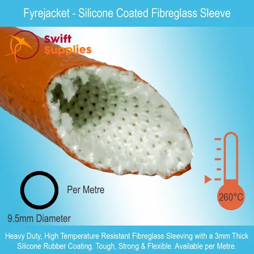 Fyrejacket - Silicone Coated Fibreglass Sleeve - 9.5mm ID (Per Metre)