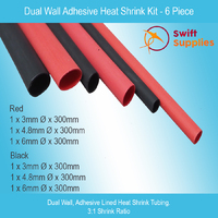 Dual Wall, Adhesive Lined Heat Shrink Tube Kit 6 Pieces x 300mm, Red & Black