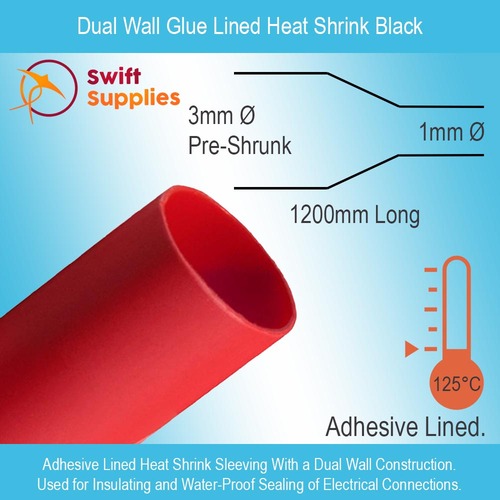 Dual Wall, Glue Lined Heat Shrink Tube Red - 3mm Dia x 1200mm Long (3:1 Shrink)