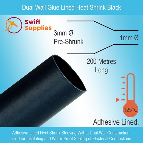Dual Wall, Glue Lined Heat Shrink Tube Black - 3mm Dia x 200mtrs Long (3:1 Shrink)