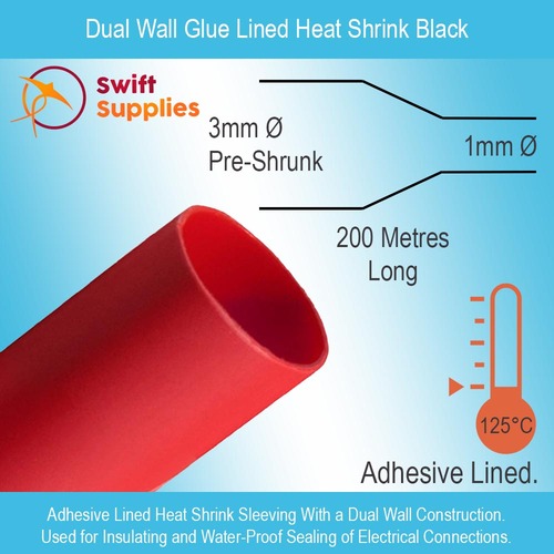 Dual Wall, Glue Lined Heat Shrink Tube Red - 3mm Dia x 200mtrs Long (3:1 Shrink)