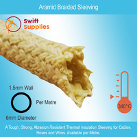 Aramid Braided Sleeving -   6mm ID with 1.5mm Thick Wall, Per Metre