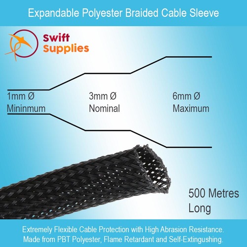 Expandable Polyester Cable Sleeve - 1mm to 6mm Dia - 500 Metres Long