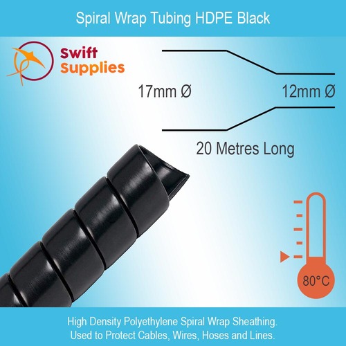 Spiral Wrap Tubing - 12mm to 17mm ID, Black - 20 Metres Long