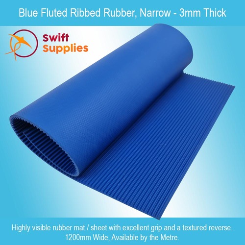Blue Fluted Ribbed Rubber, Narrow - 3mm Thick x 1200mm Wide (Per Metre)