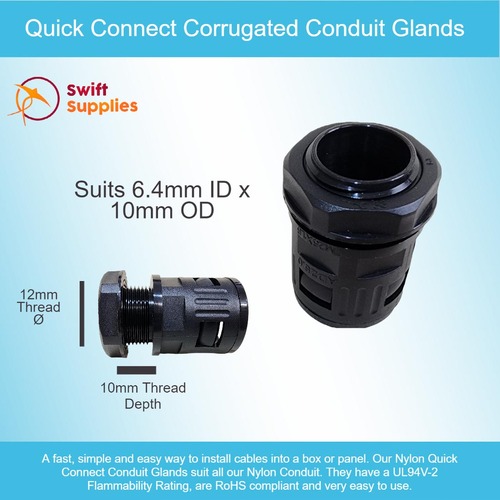 Nylon Quick Connect Conduit Gland - 12mm Thread | 10mm Depth