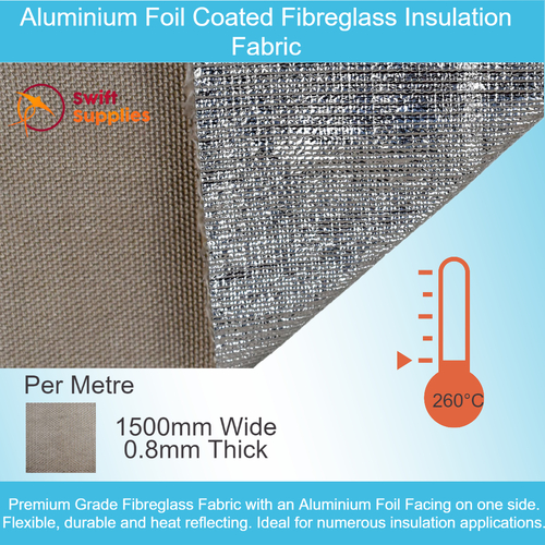 Aluminium Foil Coated Fibreglass Insulation Fabric - 0.8mm Thick x 1500mm Wide (Per Metre)