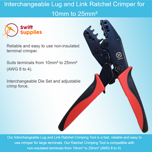 Interchangeable Lug and Link Ratchet Crimper for 10mm to 25mm² 