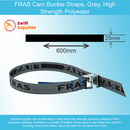 FRAS Cam Buckle Straps, Grey, Polyester - 600mm Long (0.6mtrs)