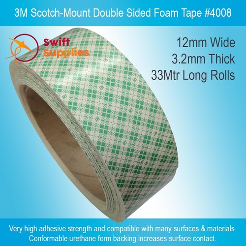 3M Scotch Mount Double Sided Foam Tape - 3.2mm Thick x 12mm Wide x 33Mtrs (#4008)