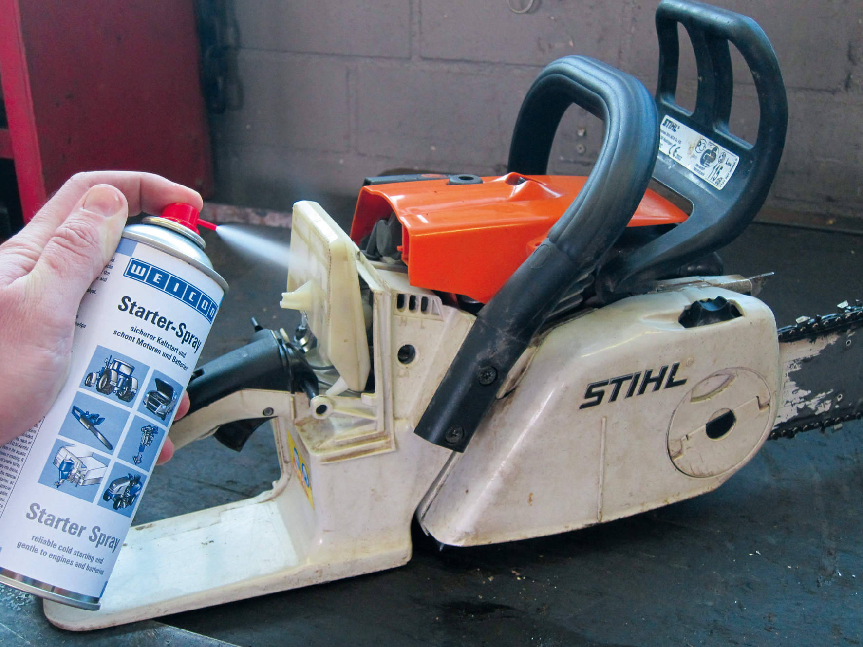 Getting a stihl chainsaw engine started with Starter Spray from Swift Supplies Australia