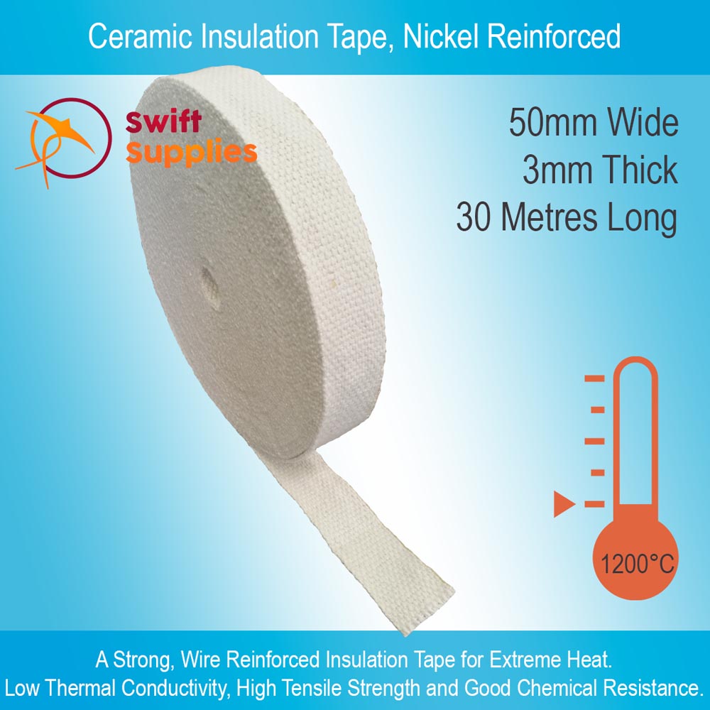 Ceramic Insulation Tape, Nickel Reinforced - 3mm Thick x 50mm Wide x 30 Metres Long