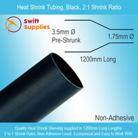 Heat Shrink Tube, Black   3.5mm Dia x 1200mm Long (Single Wall, 2:1 Shrink)