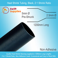 Heat Shrink Tube, Black   5mm Dia x 1200mm Long (Single Wall, 2:1 Shrink)