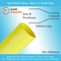 Heat Shrink Tube, Yellow   5mm Dia x 1200mm Long (Single Wall, 2:1 Shrink)