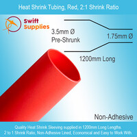 Heat Shrink Tube, Red   3.5mm Dia x 1200mm Long (Single Wall, 2:1 Shrink)