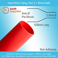 Heat Shrink Tube, Red   5mm Dia x 1200mm Long (Single Wall, 2:1 Shrink)