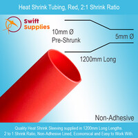 Heat Shrink Tube, Red  10mm Dia x 1200mm Long (Single Wall, 2:1 Shrink)