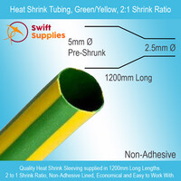 Heat Shrink Tube, Green/Yellow  5mm Dia x 1200mm Long (Single Wall, 2:1 Shrink)